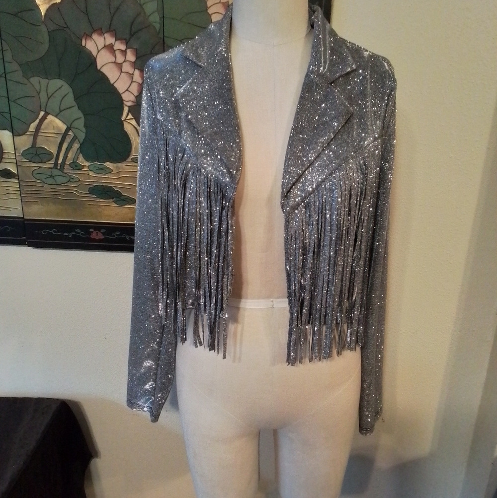12th Tribe Silver Fringe Cropped Jacket - Women Size Small Preowned